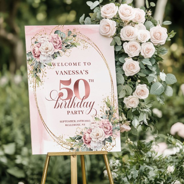 Soft White Peony Rose Gold 50th Welcome Sign (Soft White Peony Rose Gold 50th Welcome Sign)