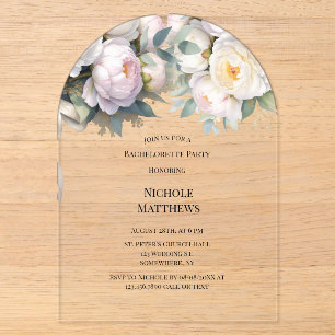 Soft White Peony with Eucalyptus Bachelorette Acrylic Invitations