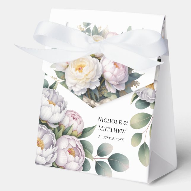 Soft White Peony with Eucalyptus Leaves Wedding Favor Boxes (Front)