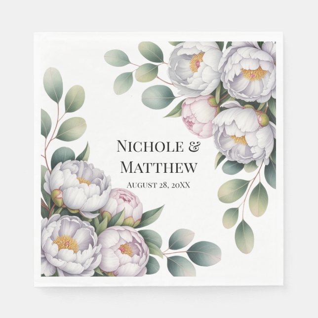 Soft White Peony with Eucalyptus Leaves Wedding Napkins (Front)