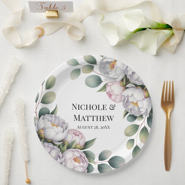Soft White Peony with Eucalyptus Leaves Wedding Paper Plates (Wedding)
