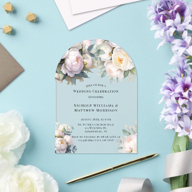 Soft White Peony with Eucalyptus Wedding Acrylic Invitations (Insitu (Wedding))