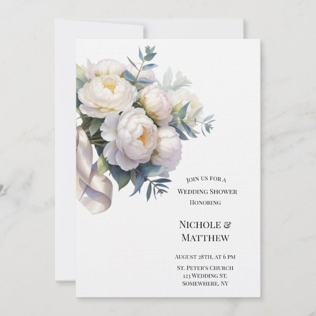 Soft White Peony with Eucalyptus Wedding Shower Invitation (Front)