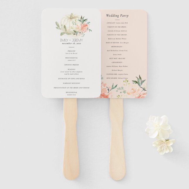 Soft White Pumpkin Blush Floral Wedding Program Hand Fan (Front and Back)