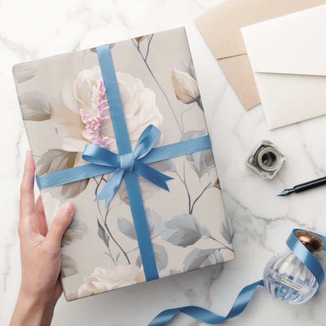 Soft White Rose Beige Floral Pattern  Wrapping Paper (Gifting)