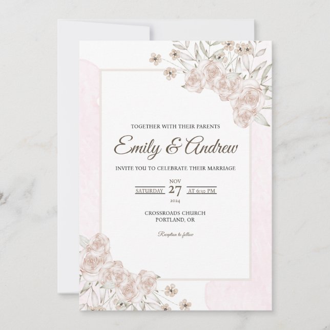 Soft White Rose Elegant Floral Watercolor Wedding Invitation (Front)