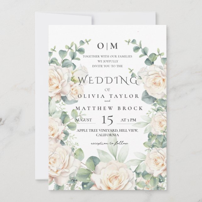 Soft White Roses Watercolor Elegant Wedding Invitation (Front)