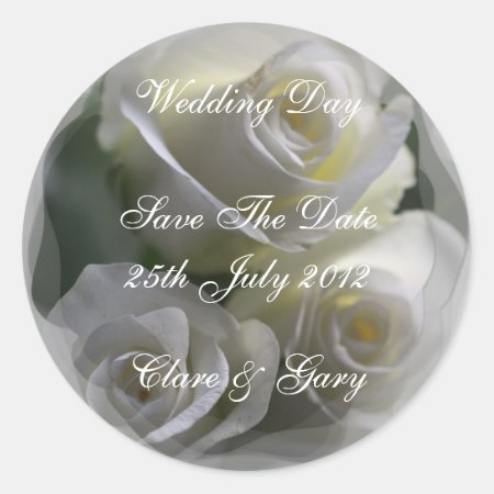 Soft White Roses Wedding Day Date Stickers