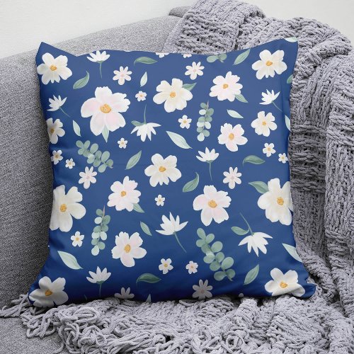 Soft white watercolor flowers on blue navy backed throw pillow