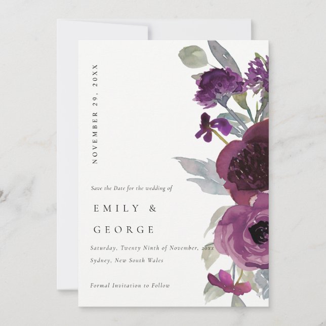 SOFT WILD PURPLE LILAC FLORAL SAVE THE DATE CARD (Front)