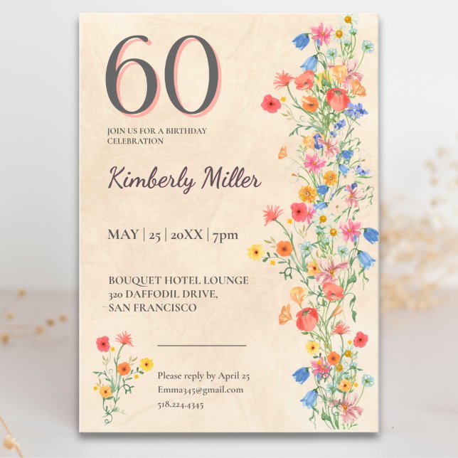 Soft Wildflower 60th Birthday Elegant Party Invitation (Creator Uploaded)