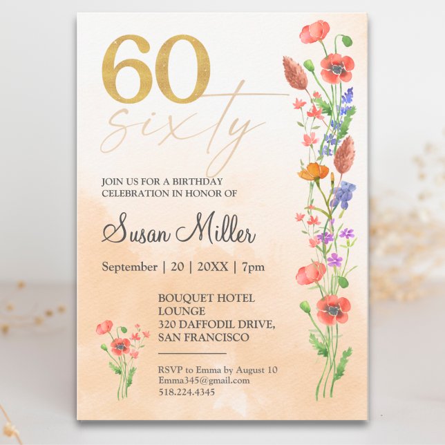 Soft Wildflower 60th Birthday For Her - 60 Years Invitation (Creator Uploaded)
