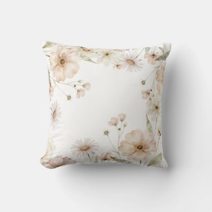 Soft Wildflower Border Watercolor Background Throw Pillow