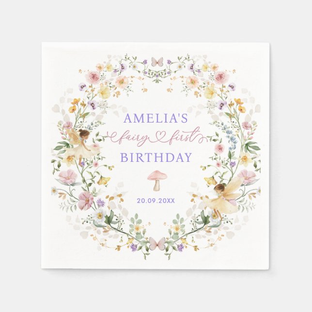 Soft Wildflower Fairy First 1st Birthday Party Napkins (Front)