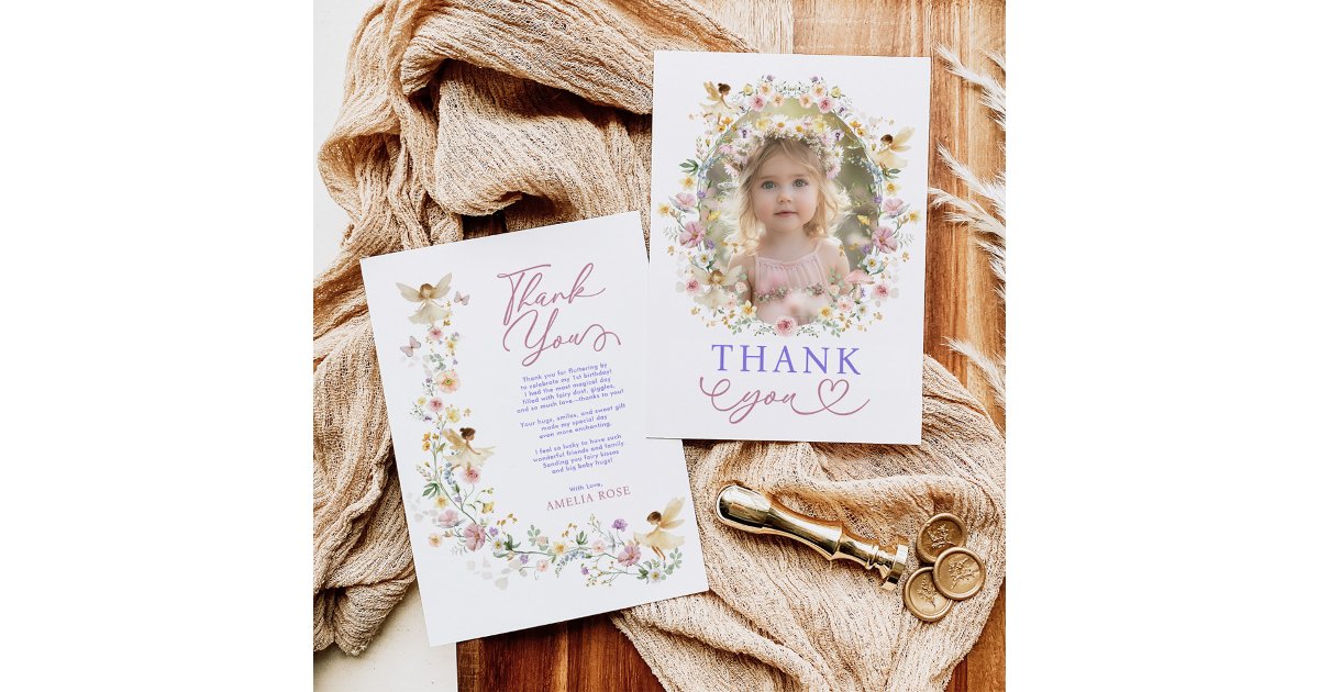 Soft Wildflower Fairy Garden Birthday Party Photo Thank You Card | Zazzle