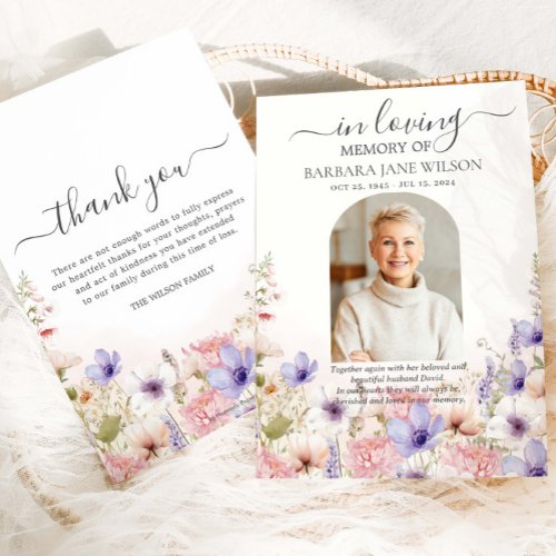 Soft Wildflower Floral Photo Funeral Memorial Thank You Card