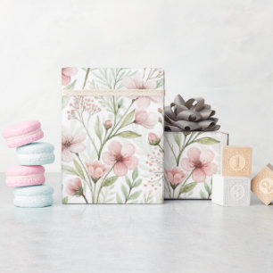 Soft Wildflower Print Blush & Jade Watercolor Wrapping Paper