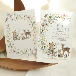 Soft Wildflower Woodland Animals Girl Baby Shower Invitation