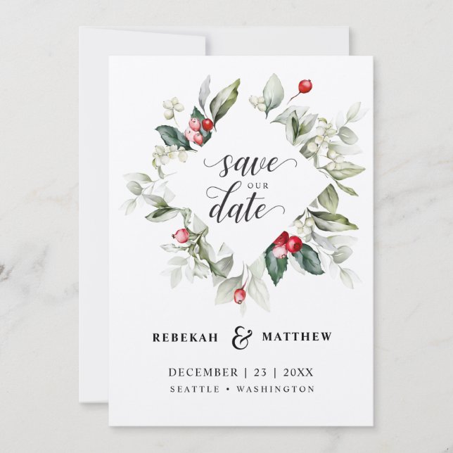 Soft Winter Berry Christmas Wedding | Photo Save The Date (Front)