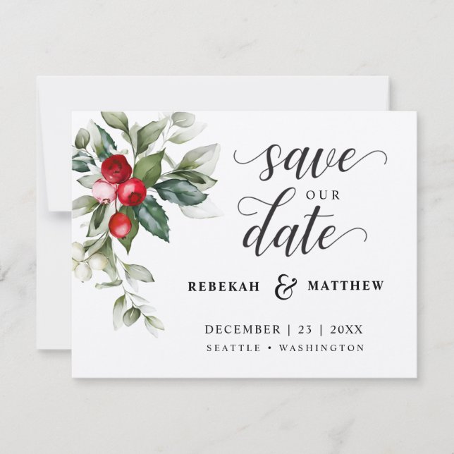 Soft Winter Berry Christmas Wedding Save The Date (Front)
