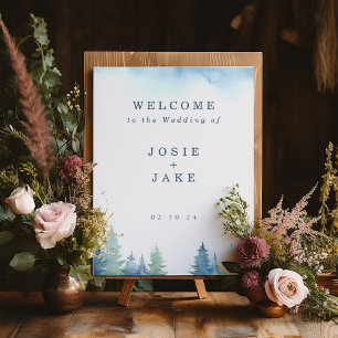 Soft winter green pine trees wedding welcome foam board