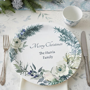 Soft winter greenery personalized Christmas Paper Plates