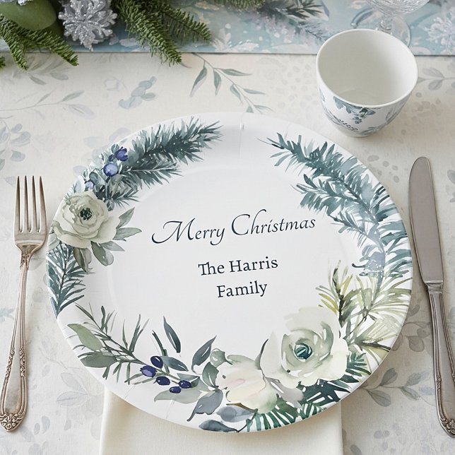 Soft winter greenery personalized Christmas Paper Plates (Creator Uploaded)