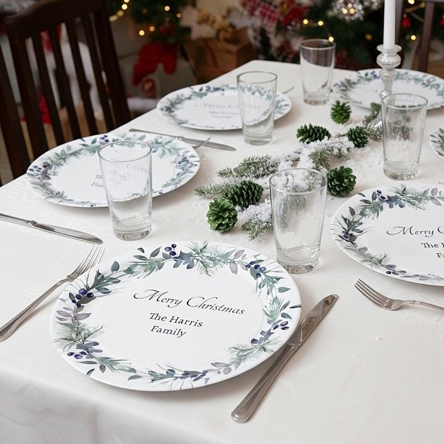 Soft winter greenery wreath personalized Christmas Paper Plates (Creator Uploaded)