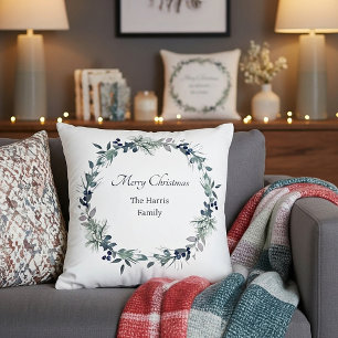 Soft winter greenery wreath personalized Christmas Throw Pillow