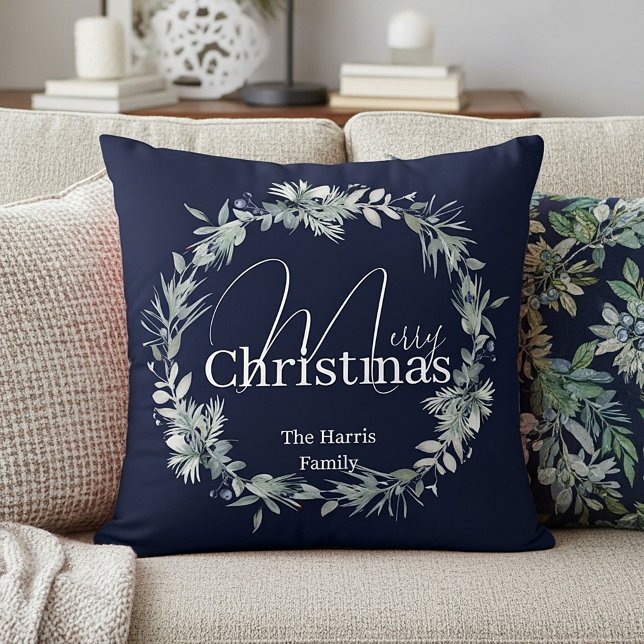 Soft winter greenery wreath personalized Christmas Throw Pillow (Creator Uploaded)