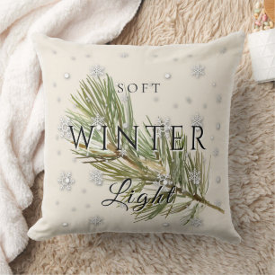 Soft Winter Light w/ Pine Branch and Snow Throw Pillow