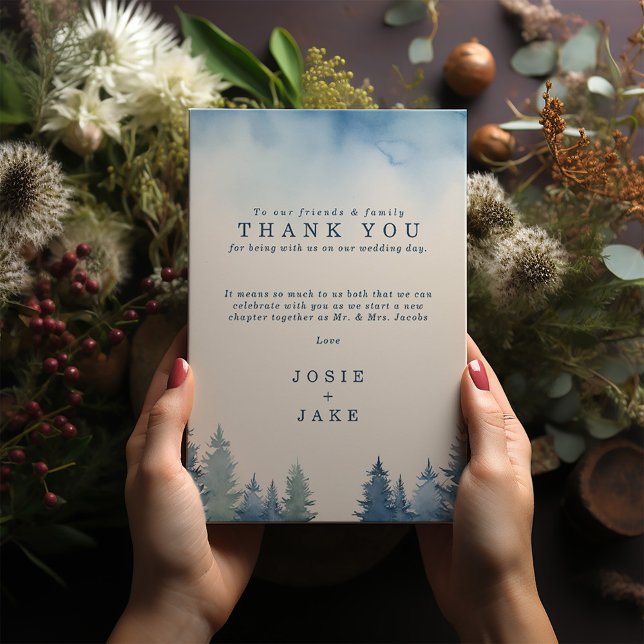 Soft winter pine trees wedding table thank you card (Blue pine trees wedding thank you cards with personal message and bride and groom names.)