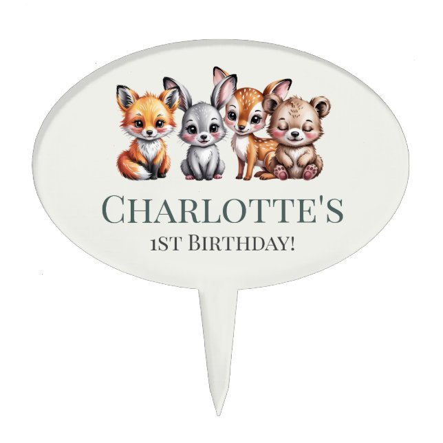 Soft Woodland Animals Neutral Birthday Cake Topper (Front)