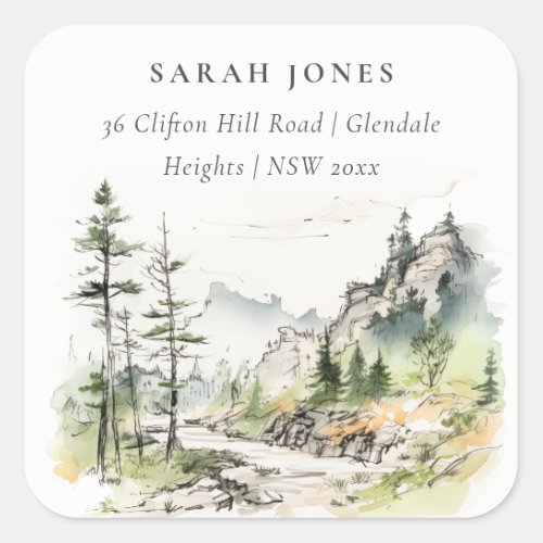 Soft Woods Mountain Landscape Sketch Address Square Sticker