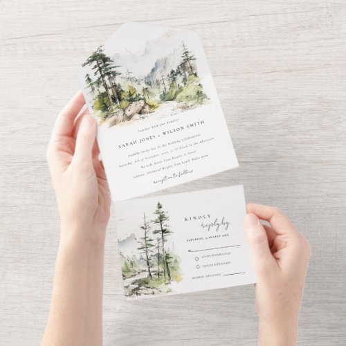 Soft Woods Mountain Landscape Sketch Wedding All In One Invitation