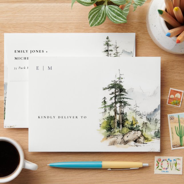 Soft Woods Mountain Landscape Sketch Wedding Envelope (Desk)