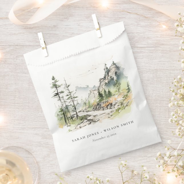 Soft Woods Mountain Landscape Sketch Wedding Favor Bag (Clipped)