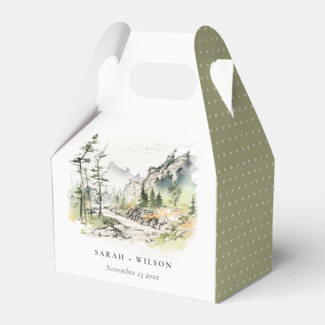 Soft Woods Mountain Landscape Sketch Wedding Favor Boxes (Front Side)