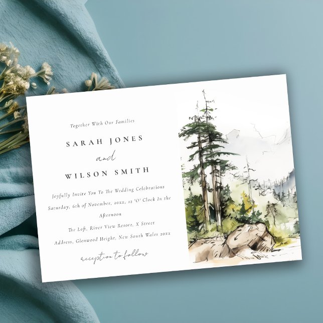 Soft Woods Mountain Landscape Sketch Wedding Invitation (Creator Uploaded)
