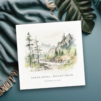 Soft Woods Mountain Landscape Sketch Wedding Napkins