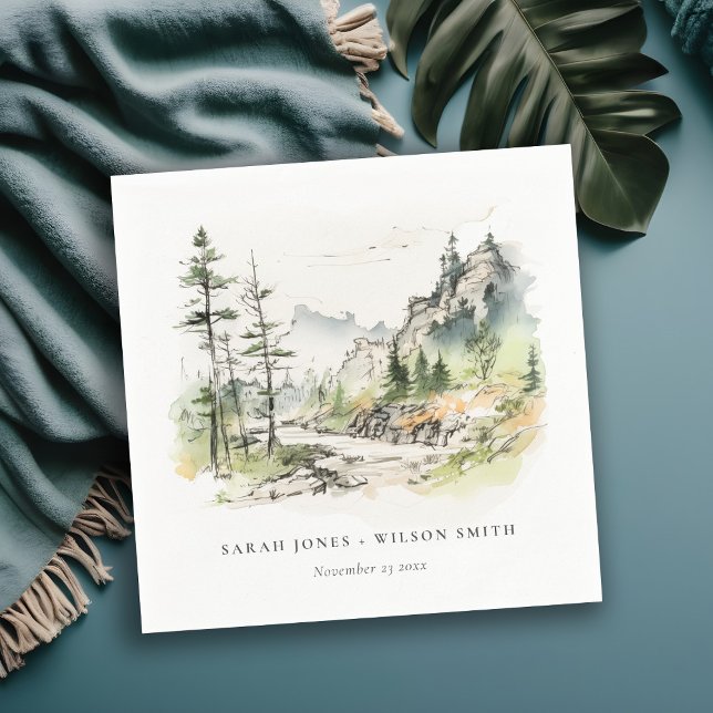 Soft Woods Mountain Landscape Sketch Wedding Napkins (Creator Uploaded)