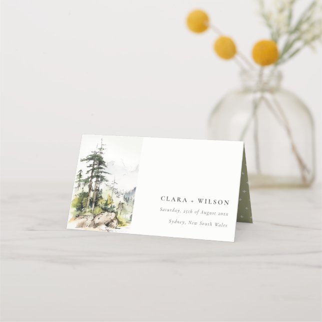 Soft Woods Mountain Landscape Sketch Wedding Place Card (Front)