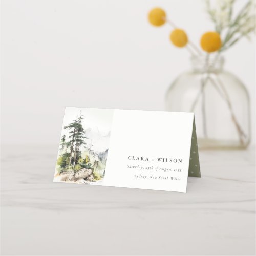 Soft Woods Mountain Landscape Sketch Wedding Place Card
