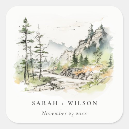 Soft Woods Mountain Landscape Sketch Wedding Square Sticker