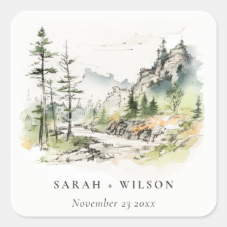 Soft Woods Mountain Landscape Sketch Wedding Square Sticker