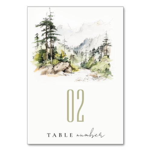 Soft Woods Mountain Landscape Sketch Wedding Table Number