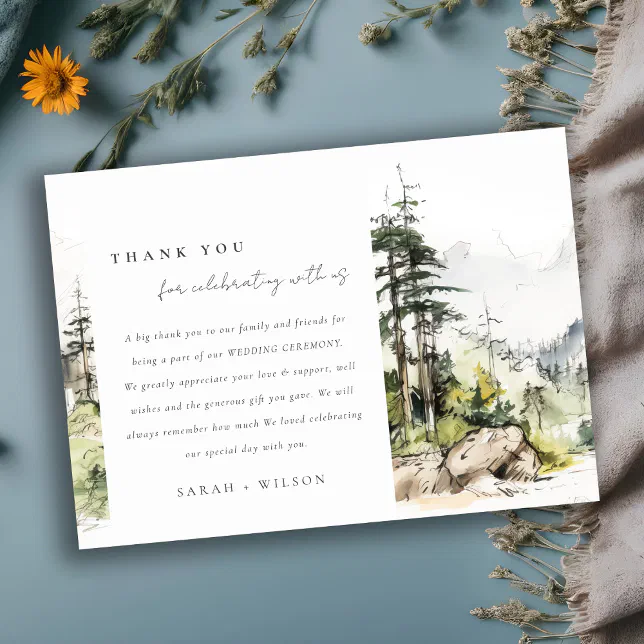 Soft Woods Mountain Landscape Sketch Wedding Thank You Card | Zazzle