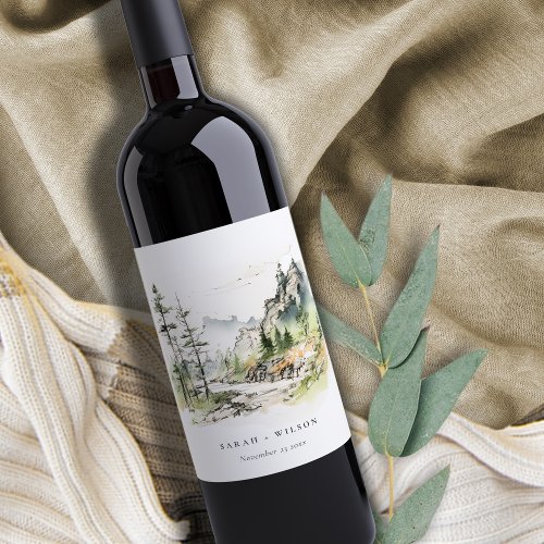 Soft Woods Mountain Landscape Sketch Wedding Wine Label