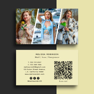 Soft Yellow 3 Photo Collage Social Media & QR Code Business Card