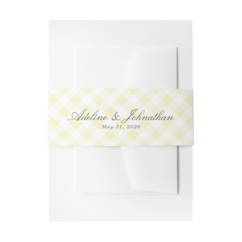 Soft Yellow and White Gingham Plaid Name and Date Invitation Belly Band